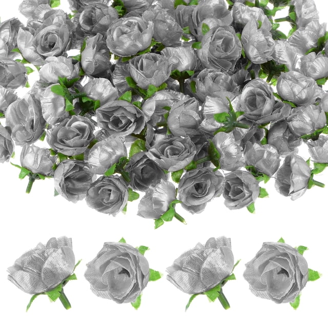Uxcell 50 Paquete Cabezas de Rosas Artificiales 1.2'' Pequeña Cabeza de Rosa de Seda Falsa para Decoraciones de Ramo de Boda Fiesta Tono Plateado