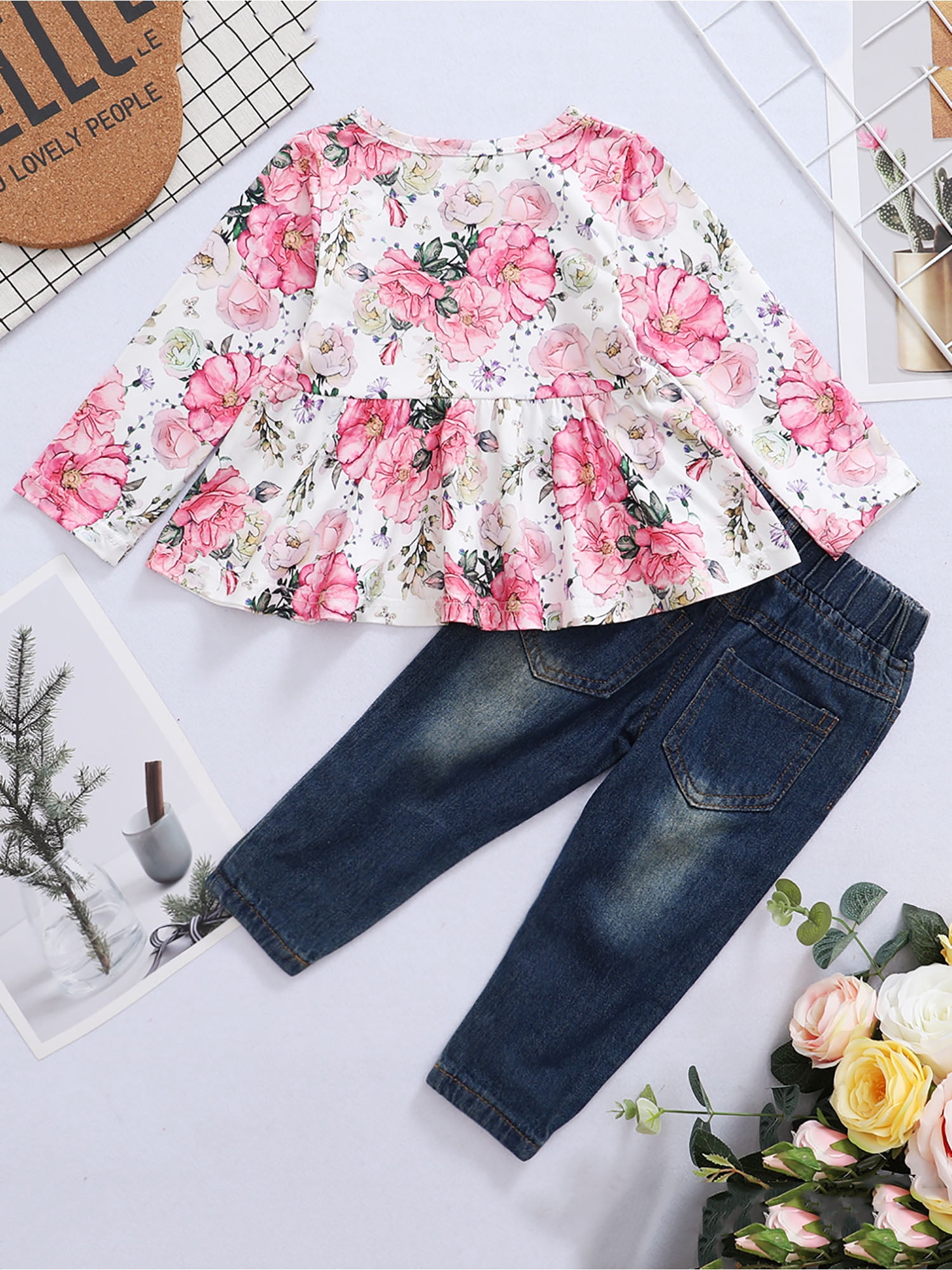 CARETOO Girl Clothes Outfits Toddler Baby Ruffle Sleeve Floral T-Shirt Tops Ripped Jeans Pants Set