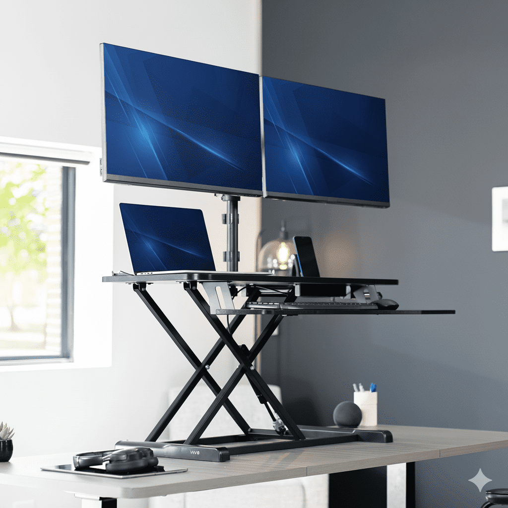 VIVO Black 42" Standing Desk Riser with Dual Monitor Arm for up to 32" Screens
