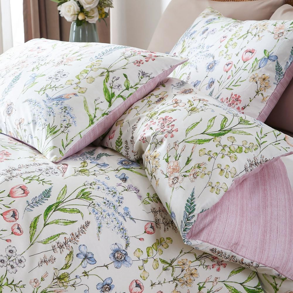 Nayoroom 100% Organic Cotton Duvet Cover Set, 3 Pieces Colorful Flowers White Duvet Cover Reversible Soft Bedding Set Queen