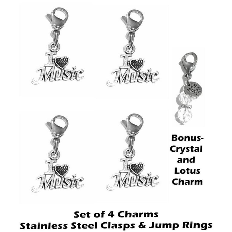Charms Clip on - Perfect for Bracelet or Necklace, Zipper Pull Charm, Bag or Purse Charm Easy to Use DIY Charms -4 Pack I Love Music Clip on Charms