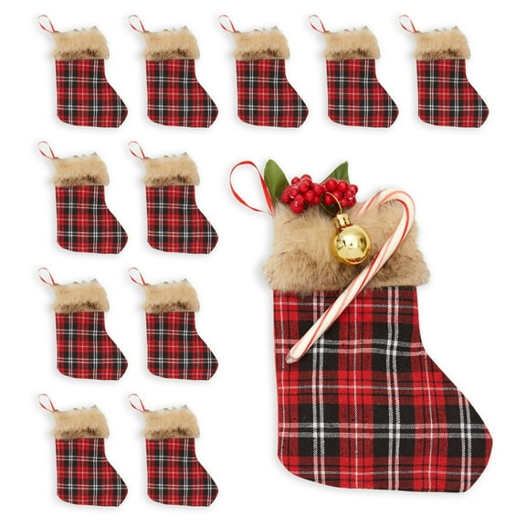 Mini Christmas Stockings, Red Buffalo Plaid Holiday Decor (6x8 In, 12 Pack)