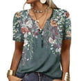 thumbnail image 1 of Camiseta con cuello de botón de verano para mujer, camiseta de manga corta estampada informal holgada, 1 of 5