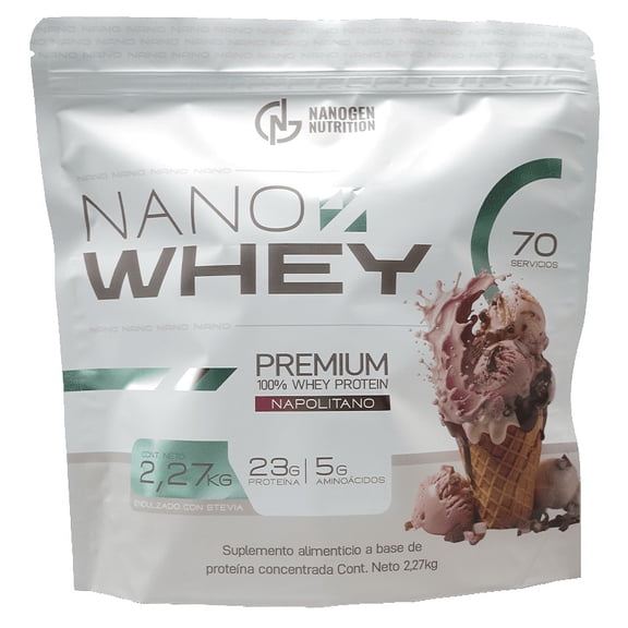 Proteína Whey Nanogen 2.27kg | 70 Servicios | 23g de Proteín | sabor napolitano | Endulzada con Stevia