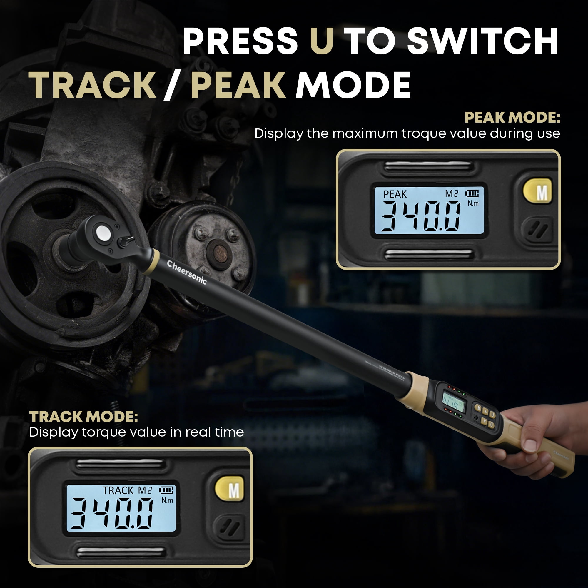 Cheersonic 1/2 Drive Digital Torque Wrench, 12.5-250.7 ft·lb (17-340N.m) ±1% Accuracy with Buzzer, LED & Socket Set for Auto Repair, Trucks, Large Machinery