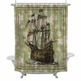 thumbnail image 2 of Sailboat Shower Curtain for Bathroom Decor, Vintage Boat Green Map Texture Brown Stripes Waterproof Fabric Shower Curtain, 60"x72" Set with 12 Hooks, 2 of 9
