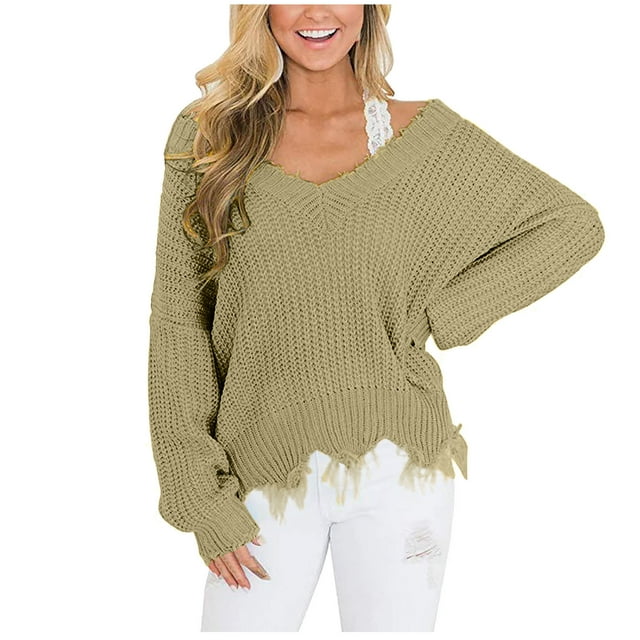 Women's V Neck Loose Knitted Sweater Long Sleeve Ripped Jumper Pullover