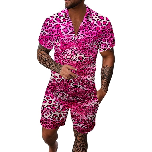 KKBOTIVE Mens Summer Outfit Set Button Down Crewneck Shorts Sleeve Tracksuit Summer Adult Tracksuits, Hot Pink Size: S