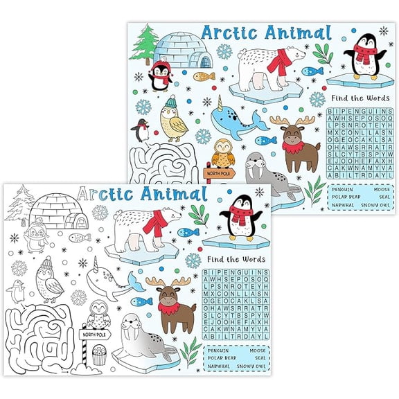 Serencatcher 12Pcs Arctic Animal Coloring Placemats, Winter Animal Placemat for Kids Table Activities, Disposable Placemats for Dining Table Essentials Winter Holiday Classroom Birthday Party