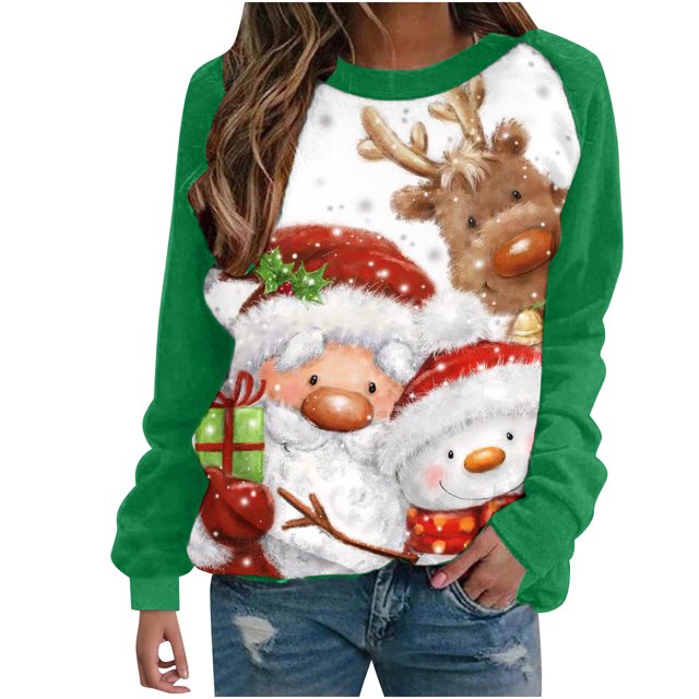 Camiseta informal de manga larga con cuello redondo y estampado navideño para mujer Pompotops qwe23981