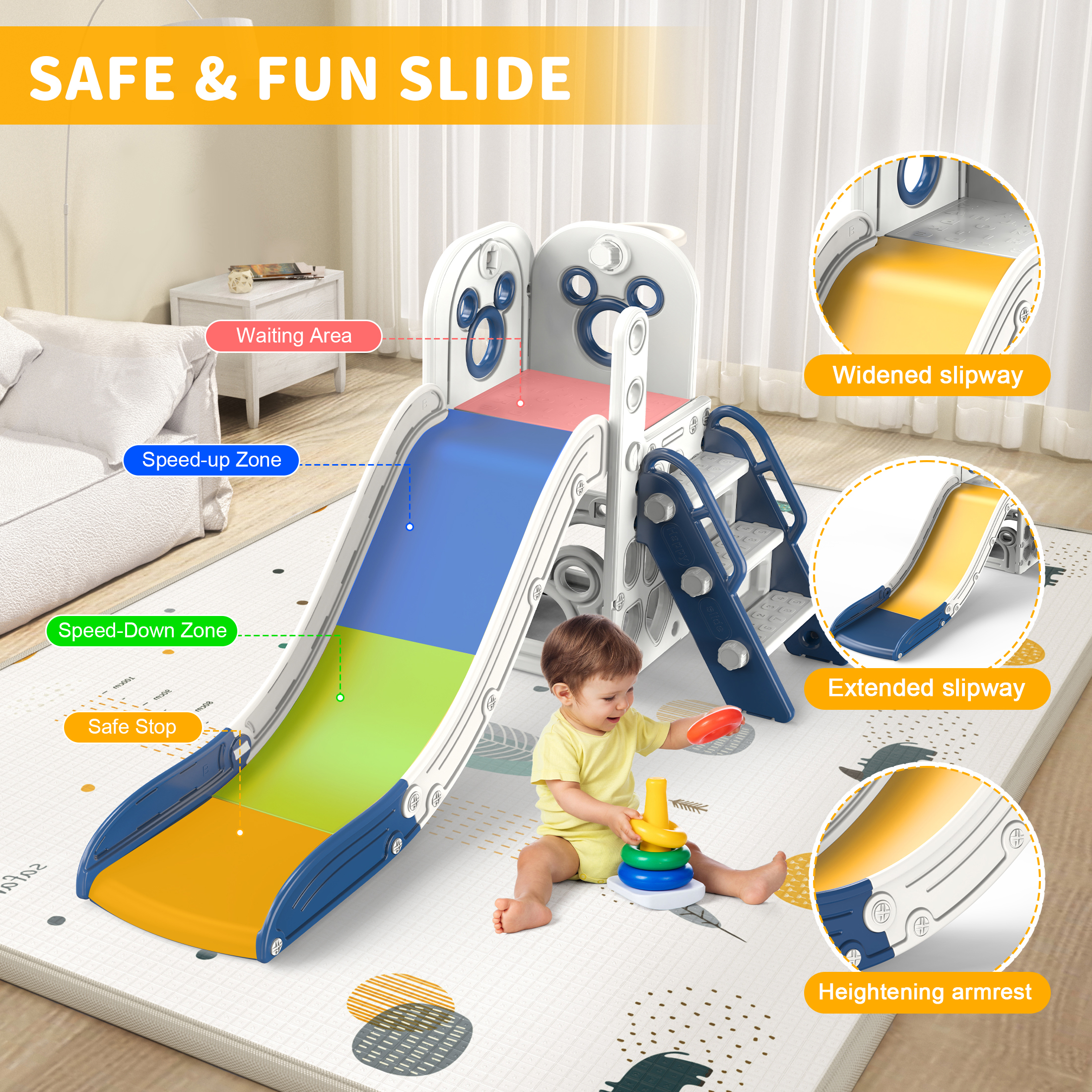 Zifadola Sturdy Kids Slide, 4 in 1 Toddler Slide and Climber Playset with Basketball Hoop, Blue