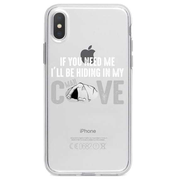 DistinctInk Clear Shockproof Hybrid Case for iPhone XR (6.1" Screen) - TPU Bumper Acrylic Back Tempered Glass Screen Protector - If You Need Me I'll Be Hiding in My Man Cave