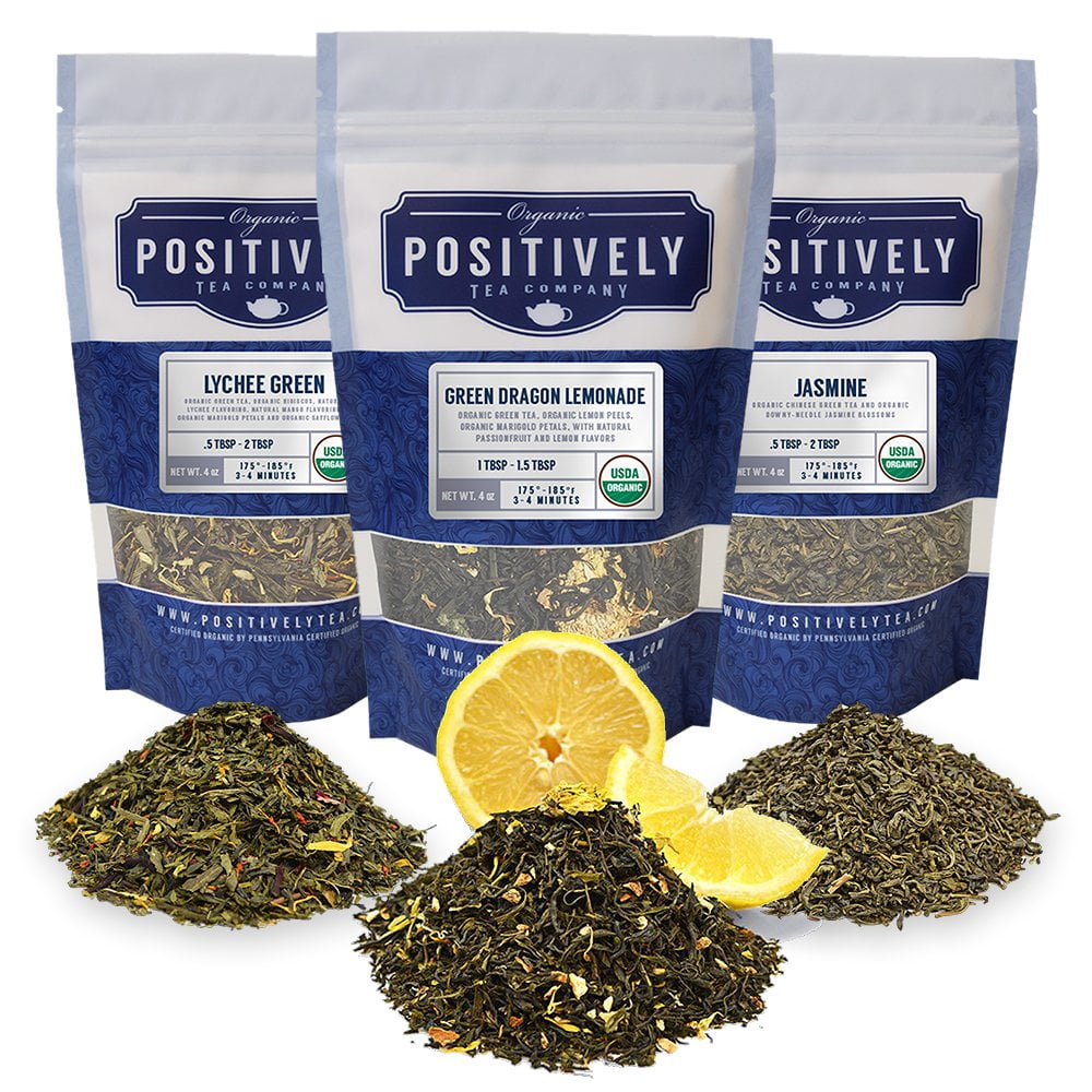 Positively Tea's Organic Green Tea Sampler, Loose Leaf, 4 oz Bags, 3 Pack