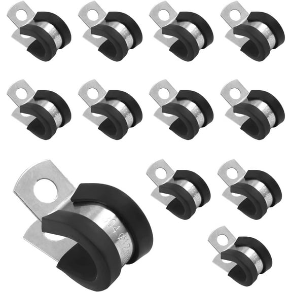 12 Pack 1/2 Inch R Type Cable Clamps, Stainless Steel Pipe Clamp, Rubber Clamp Cushioned Insulated, Loop Clamp Metal clamps for Tube Pipe Wire Lines Hoses