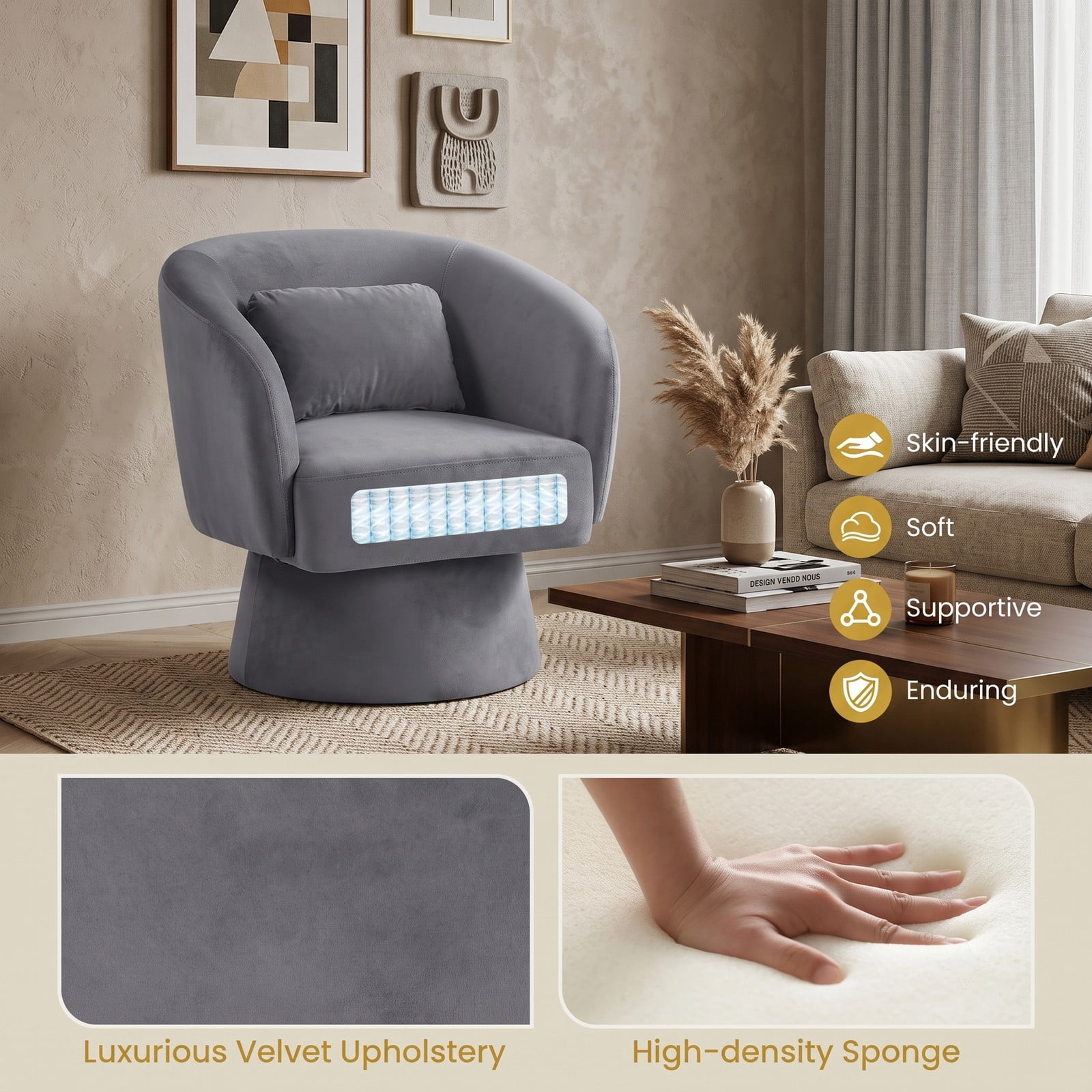 Furnibear Swivel Accent Chair, Upholstered Barrel Chair with Curved Back, 360-Degree Swivel Base and Removable Lumbar Pillow for Living Room Bedroom, 400 lbs, Gray