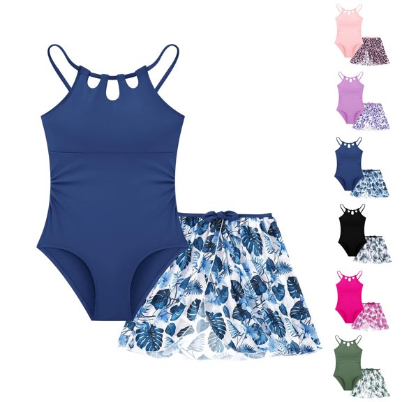 Bigetiay One Piece Swimsuit for Girls Fashion Cut out Design with Tropical Printed Cover up Skirt Bathing Suit for Girls 13-14 Years