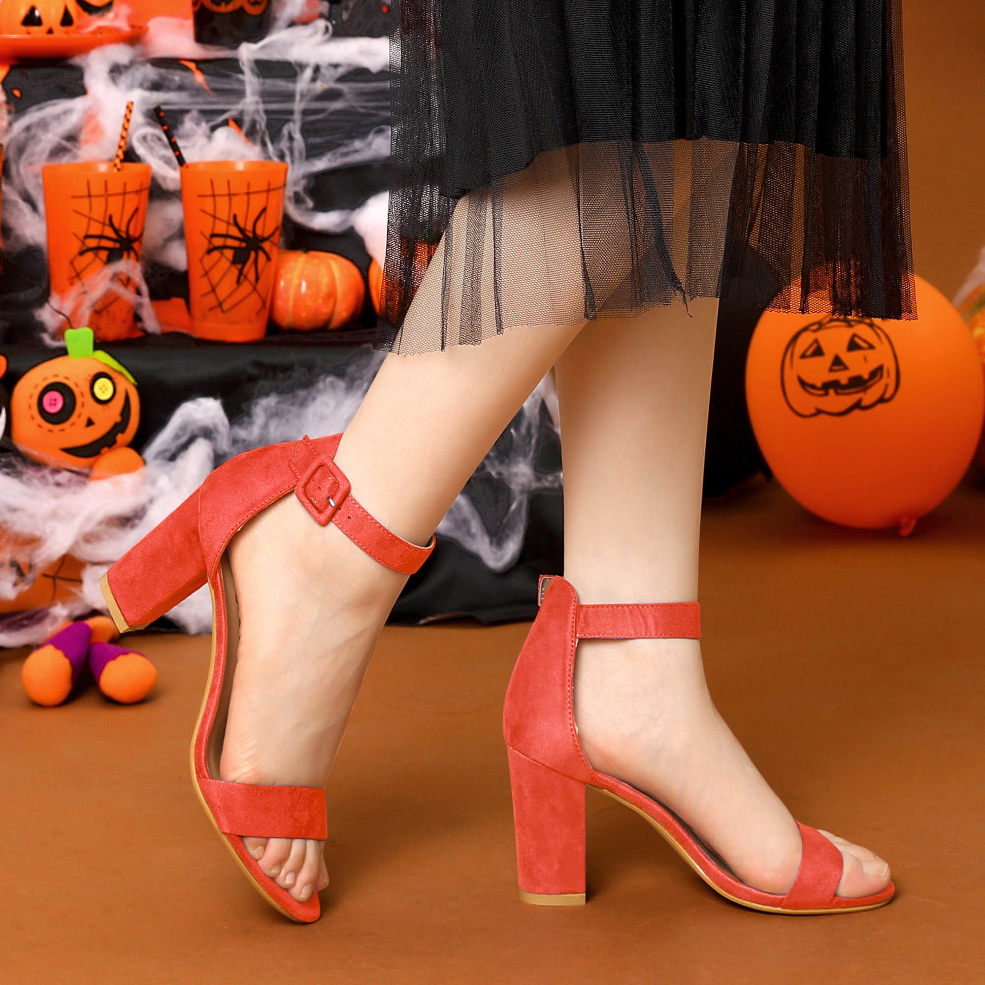 Unique Bargains Women's Chunky High Heel Ankle Strap Sandals 2 Packs Orange Black 10