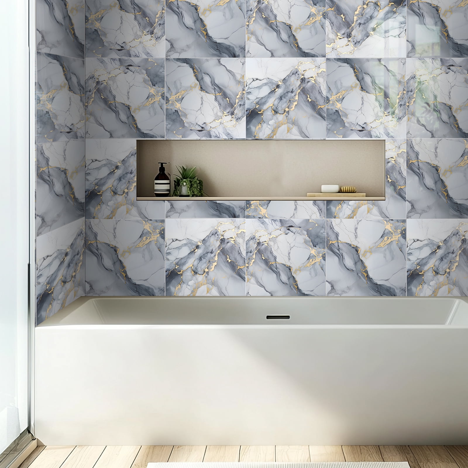 DEWOO 10pcs Peel and Stick Backsplash Wall Tile, Waterproof Peel and Stick Marble Wall Tiles, Self-Adhesive Panels for Bathroom, Kitchen, and Living Room (Dark Gray Marble,12"×12")