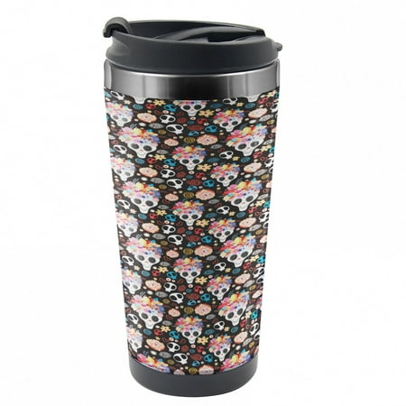 

Sugar Skull Travel Mug Funk Spooky Steel Thermal Cup 16 oz by Ambesonne