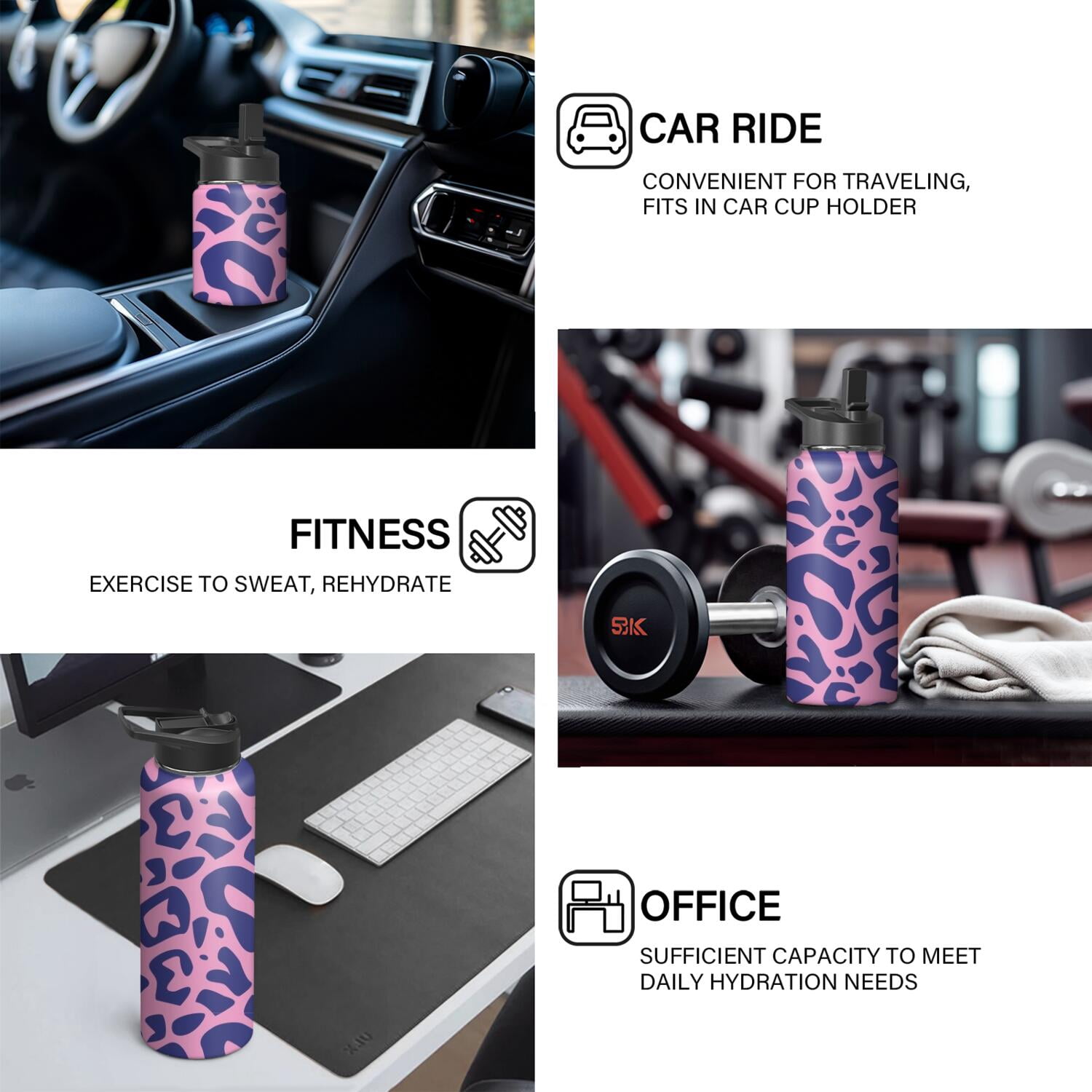 Leopard Print Insulated Stainless Steel Water Bottle with Straw & Cleaning Brush – 18 Oz | Leakproof, BPA-Free, 304 Stainless Steel, Wide Mouth, Travel Mug for Car, Gym, Office