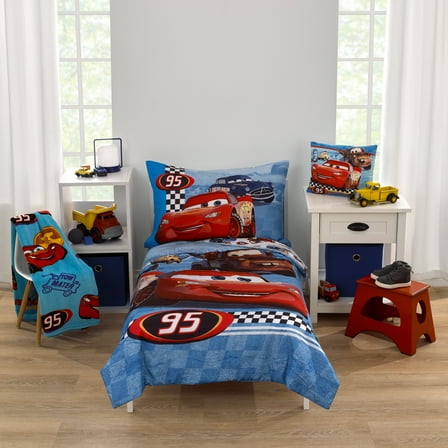 Disney Cars Radiator Springs 4 Piece Toddler Bedding Set, Red, Blue - Comforter, Top Sheet, Fitted Sheet, Pillowcase, Polyester