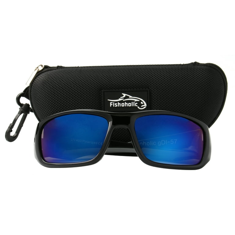 Fishoholic Polarized Fishing Sunglasses w Free Hard Case & Pouch UV400 100%  UV Protection. Best Gift to Fish River Lake Bass Saltwater & Flyfishing (R)  Trademark (Gloss Black, Blue Mirror) : 