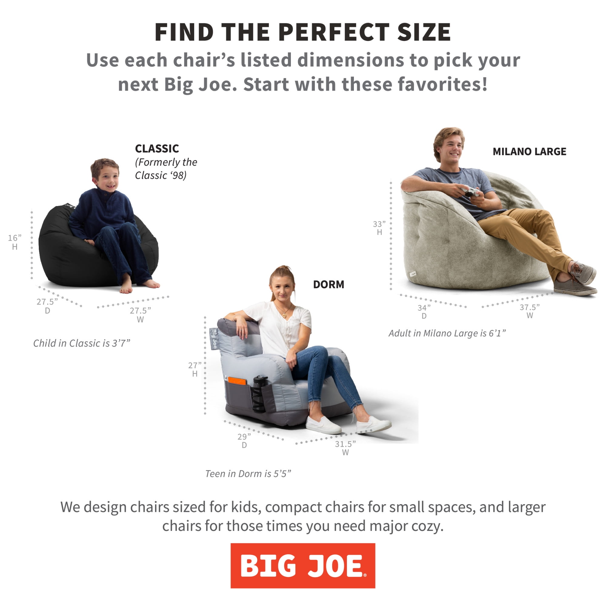 Big Joe Joey Bean Bag Chair, Plush, Kids/Teens, 2.5ft, Gray 