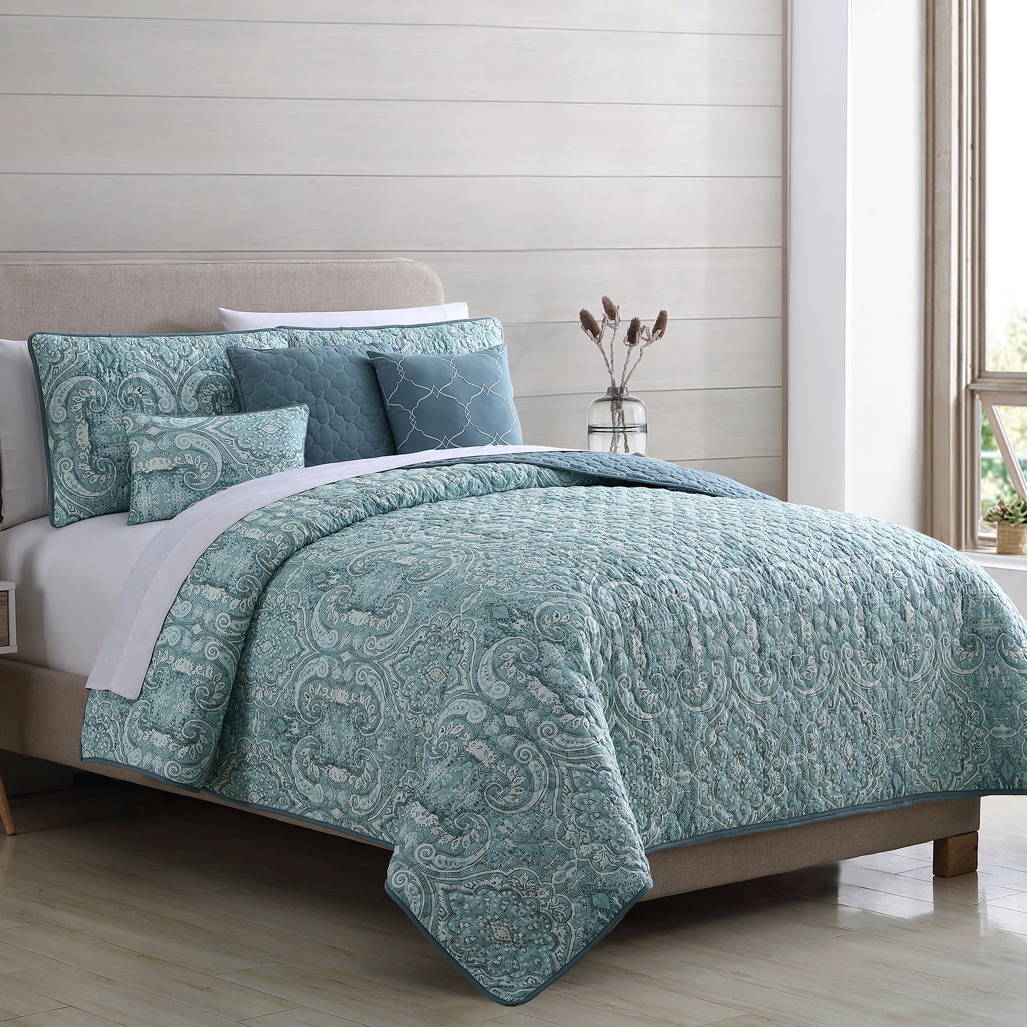 Modern 3 Piece Embroidered Quilted Bedspread Bed Throw Reversible Bedding Set 