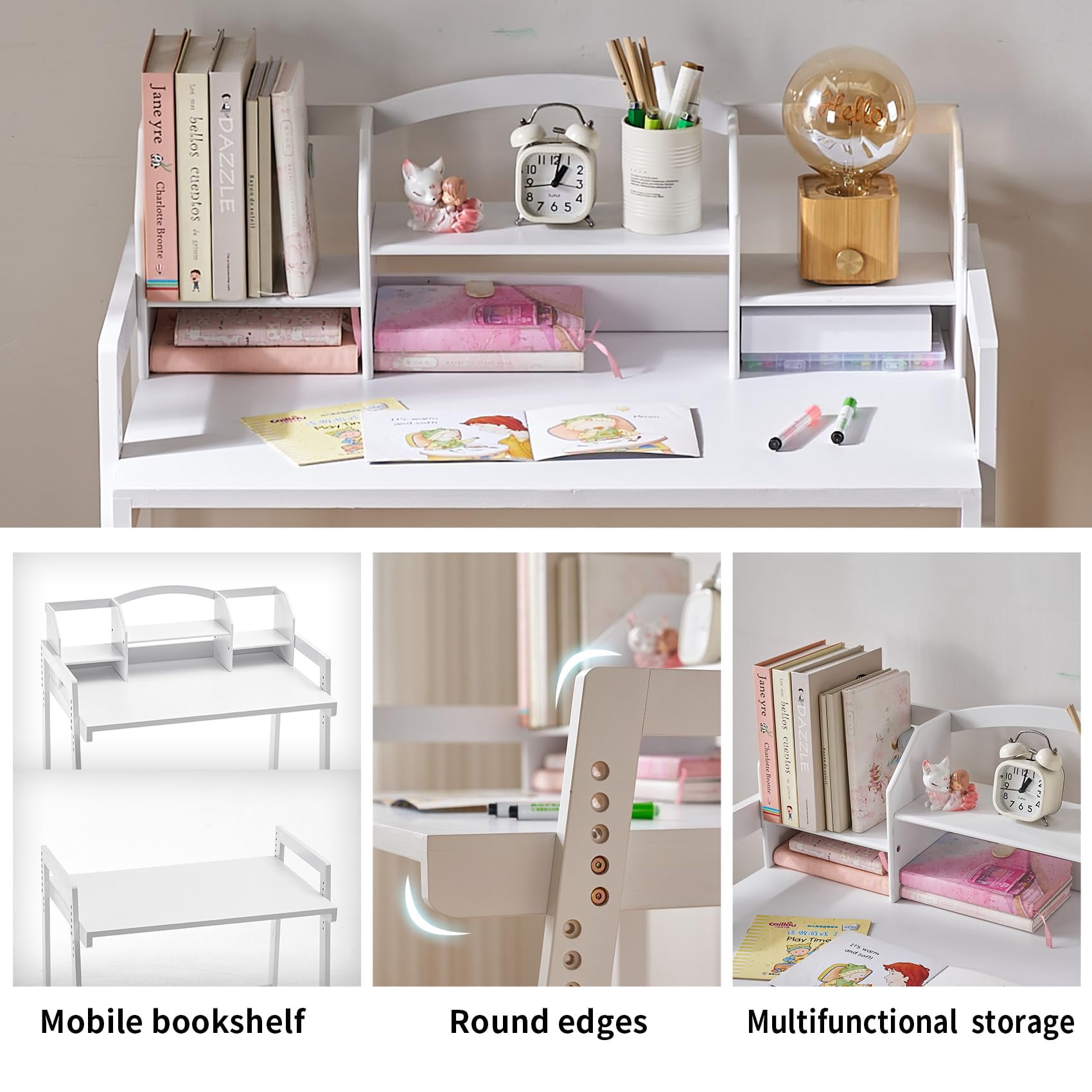 UNICOO® Height Adjustable Bamboo Kids Desk and Chair Set - Ergonomic Kid Desk and Chair Set for Study, Writing, and Homework - Durable and Eco-Friendly Kids' Desks for Home and School (White 01)