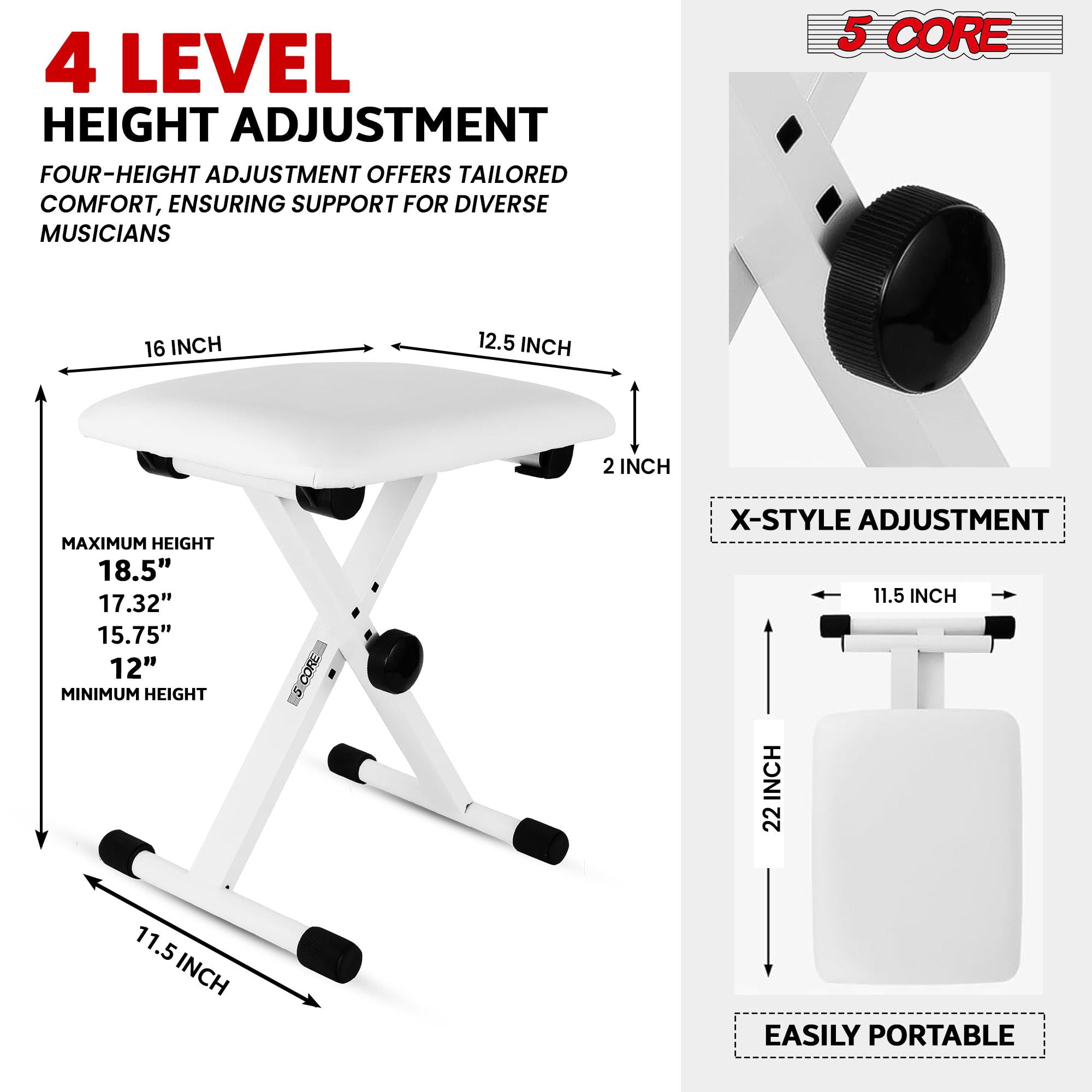 Keyboard Bench Pair X Style Piano Stool Thick Padded 12 to 18.5 inch Adjustable Keyboards Chair White