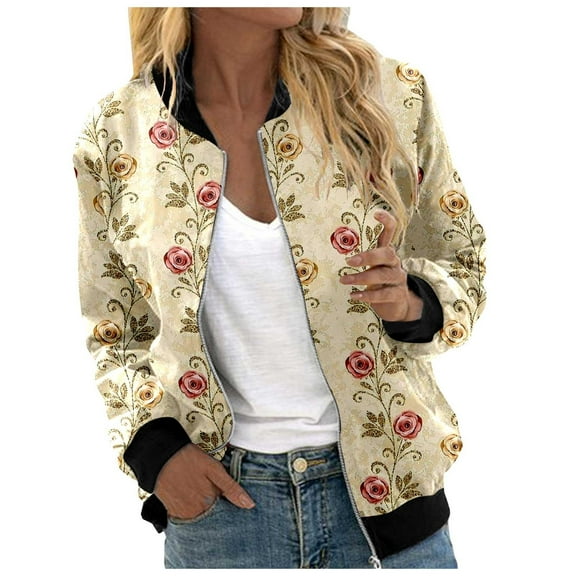 Arlun Womens Floral Printed Bomber Jackets Lightweight Zipper up Fashion Stand Collar Coats Casual Loose Fit Long Sleeve Full Zip Fall Jacket Windbreaker Outwear with Pockets Yellow XL