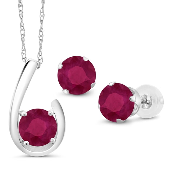 Gem Stone King 10K White Gold Red Ruby Pendant Earrings Jewelry Set for Women | 3.00 Cttw | Gemstone July Birthstone | Round 6MM | with 18 inch Chain