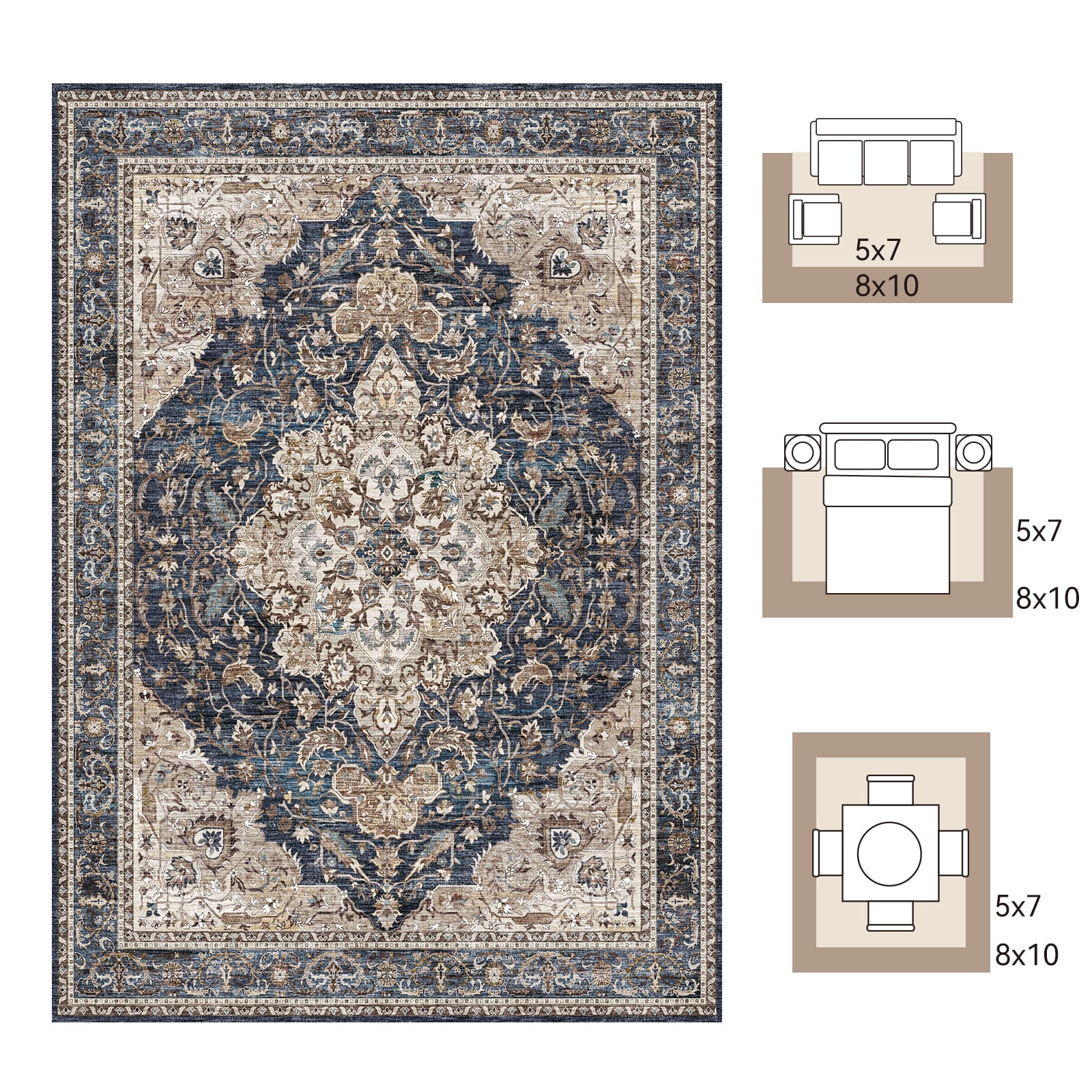 SIXHOME 8'x10' Area Rugs for Living Room Washable Vintage Medallion Rug Oriental Floral Distressed Carpet Ultra Soft Indoor Rugs for Bedroom Dining Room Retro Home Decor Navy Blue