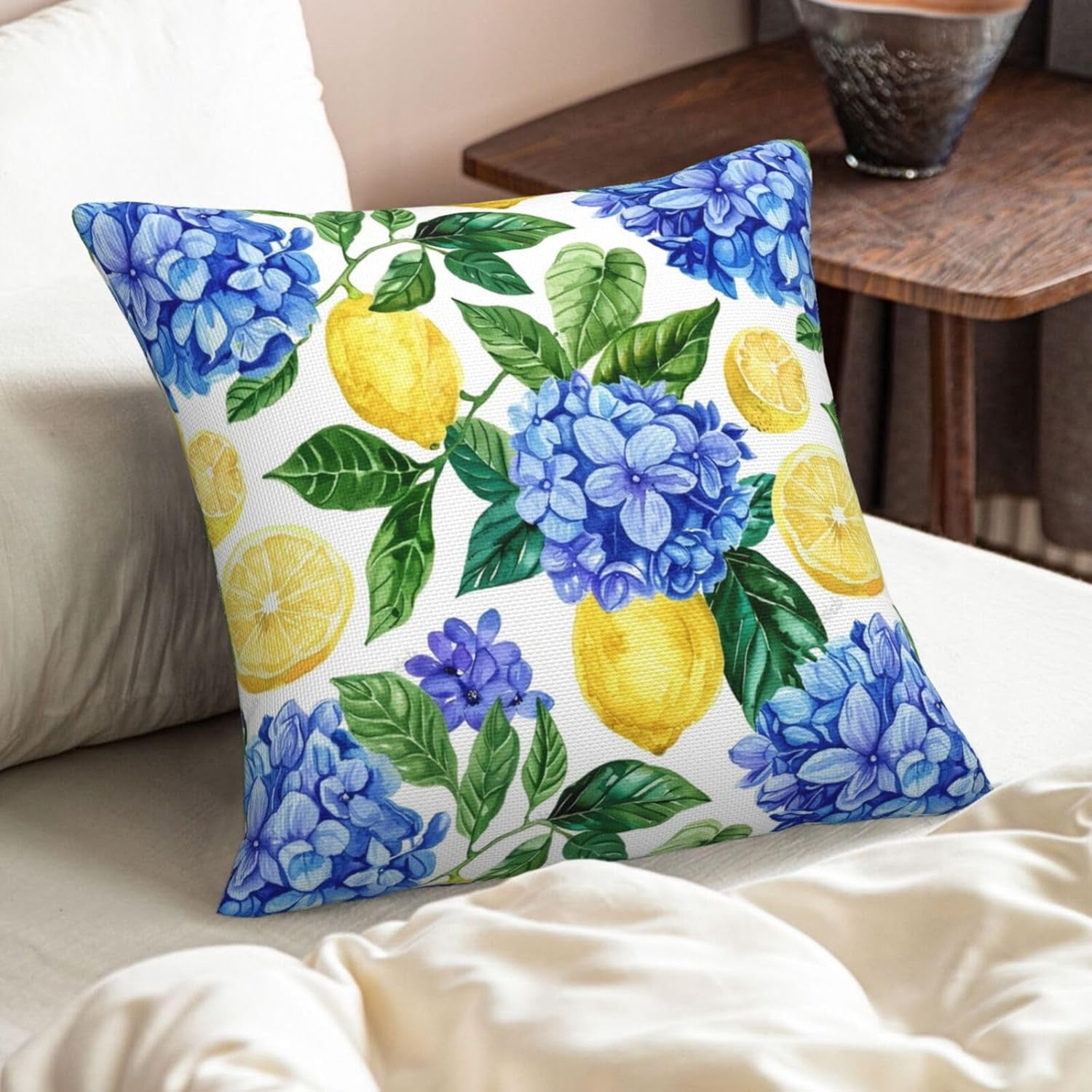 KiuLoam Summer Lemon Hydrangea Pillow Covers 18x18 Set of 2 Blue Yellow Floral Decorative Throw Pillow Covers Outdoor Farmhouse Cushion Cases for Sofa Couch Bed Living Room Decor