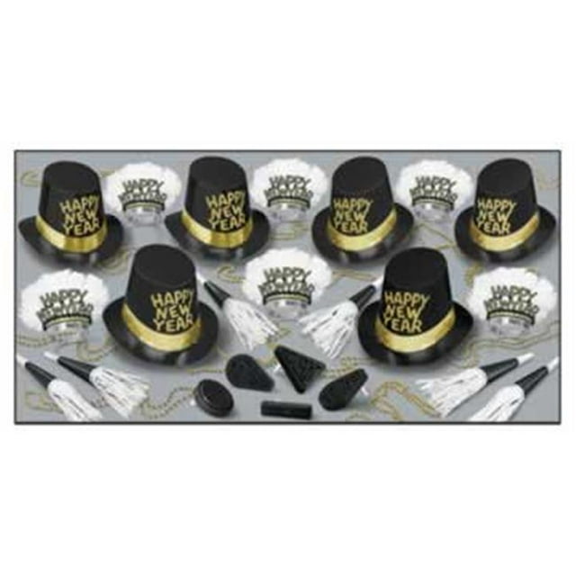 Beistle Midnite Hour Assortiment pour 50 Personnes Fournitures de Fête du Réveillon Accessoires de Photomaton Chapeaux, Diadèmes, Bruyants, Colliers, Taille Unique, Noir/or/blanc