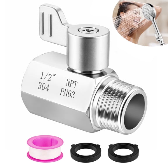 1/2" NPT Shower Head Shut Off Valve – 304 Lead-Free Stainless Steel Water Flow Control Mini Ball Valve with Lever Handle, Compatible with Handheld Shower Heads