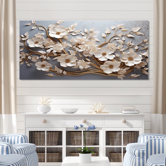 Designart "Blossoms in White Orchid Tree Garden I" Extra Large Floral Wall Art - Modern Farmhouse Gold Abstract Floral Bedroom Canvas Wall Art