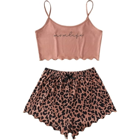 

ZWQIANSDFDFF Women s Letter Leopard Print Cami Top and Shorts Cute Pajama Set Sleepwear