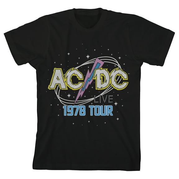 ACDC 1978 World Tour Pop Art Logo Crew Neck Short Sleeve Boys' Black T-shirt-Large