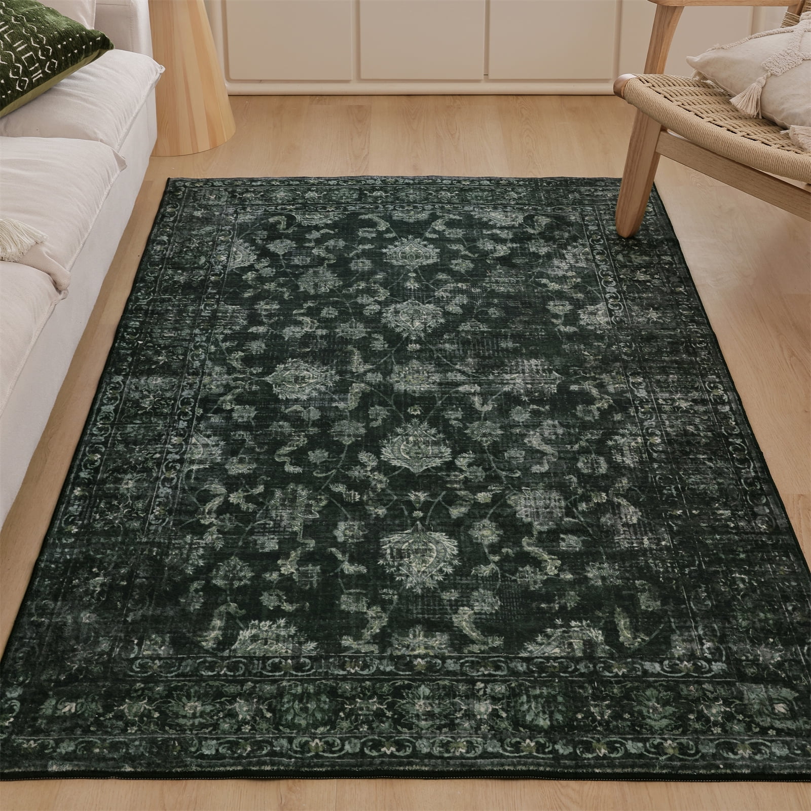 SPRINDAY Boho Green Area Rug, 3'x5' Vintage Rugs for Entryway, Non-Slip Washable Distressed Carpet for Home Office Decor