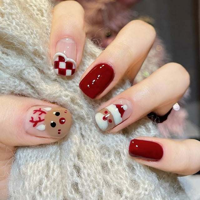 Uñas postizas cuadradas cortas de prensa navideñas de color rojo brillante de Santa Claus