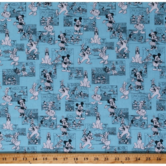Cotton Mickey Minnie Mouse Goofy Pluto Donald Duck Comic Strip Cartoon Kids Disney Animals Sensational 6 Comic Strips Blue Cotton Fabric Print by the Yard (20259)