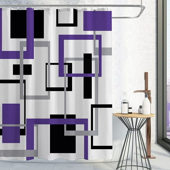 Purple Shower Curtain, Mid Century Modern Geometric Shower Curtain for Bathroom Decor, Abstract Lavender Black Grey Square White Backdrop Washable Fabric Shower Curtain Set with Hooks, 72 x 72