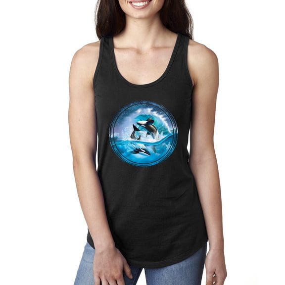 Wild Bobby, Killer Whale Circle Underwater Blue Sperm Whales Fashion Ladies Racerback Tank Top, Black, Small