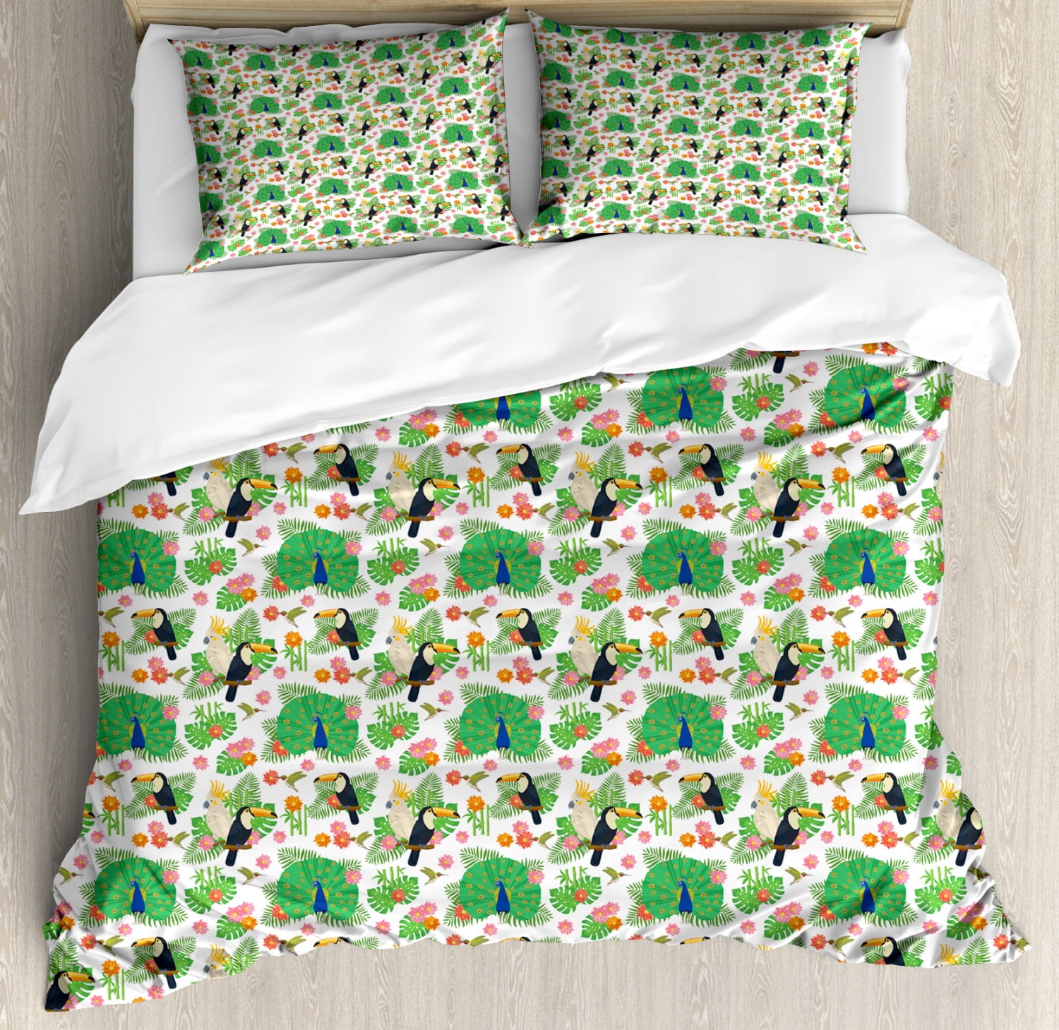 Peacock Duvet Cover Set, Tropical Themed Cartoonish Pattern of Various Exotic Bird Breeds
