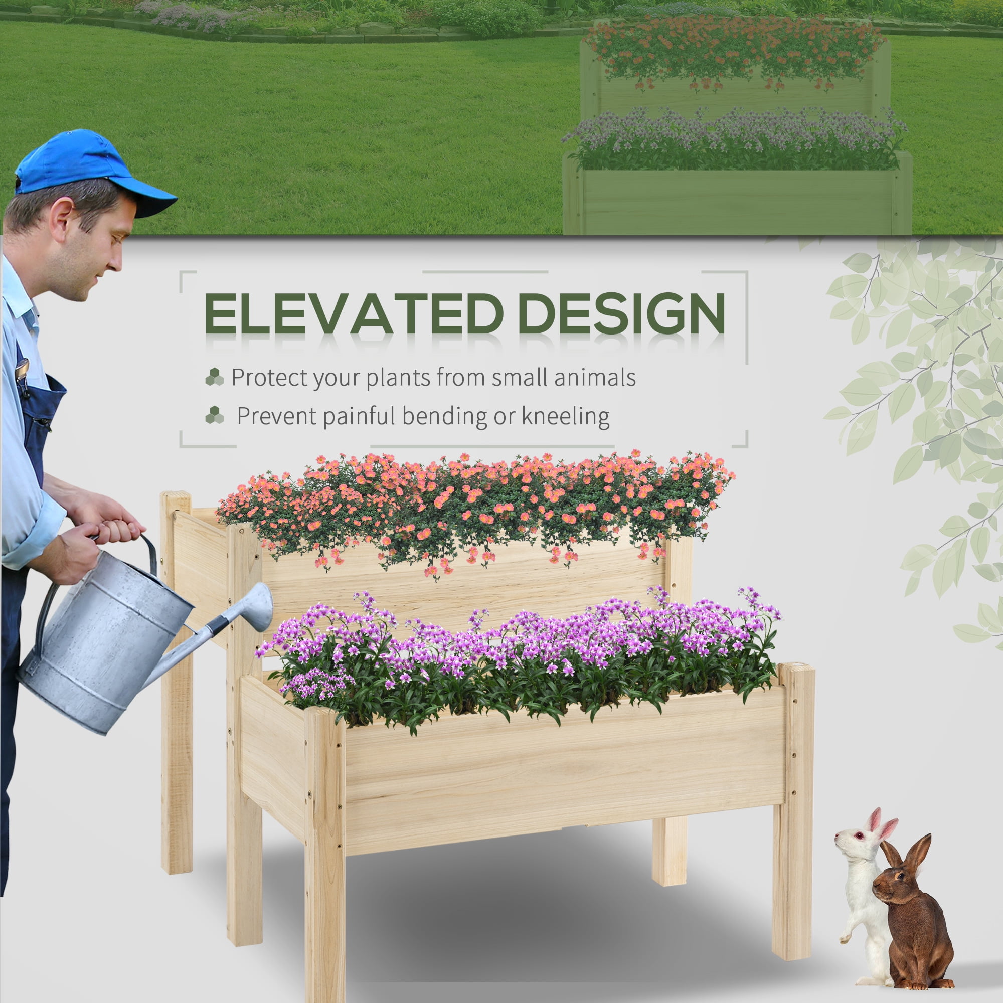 AsterOutdoor Raised Garden Bed 2-Tier Elevated Planter Box Fir Wood, 34" x 34" x 28"