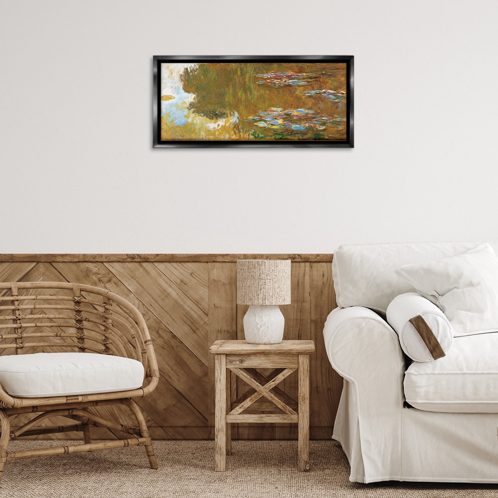 Stupell Industries Classic Monet Water Lily Pond Landscape & Nature Painting Black Floater Framed Canvas Art Print Wall Art, 25 x 11