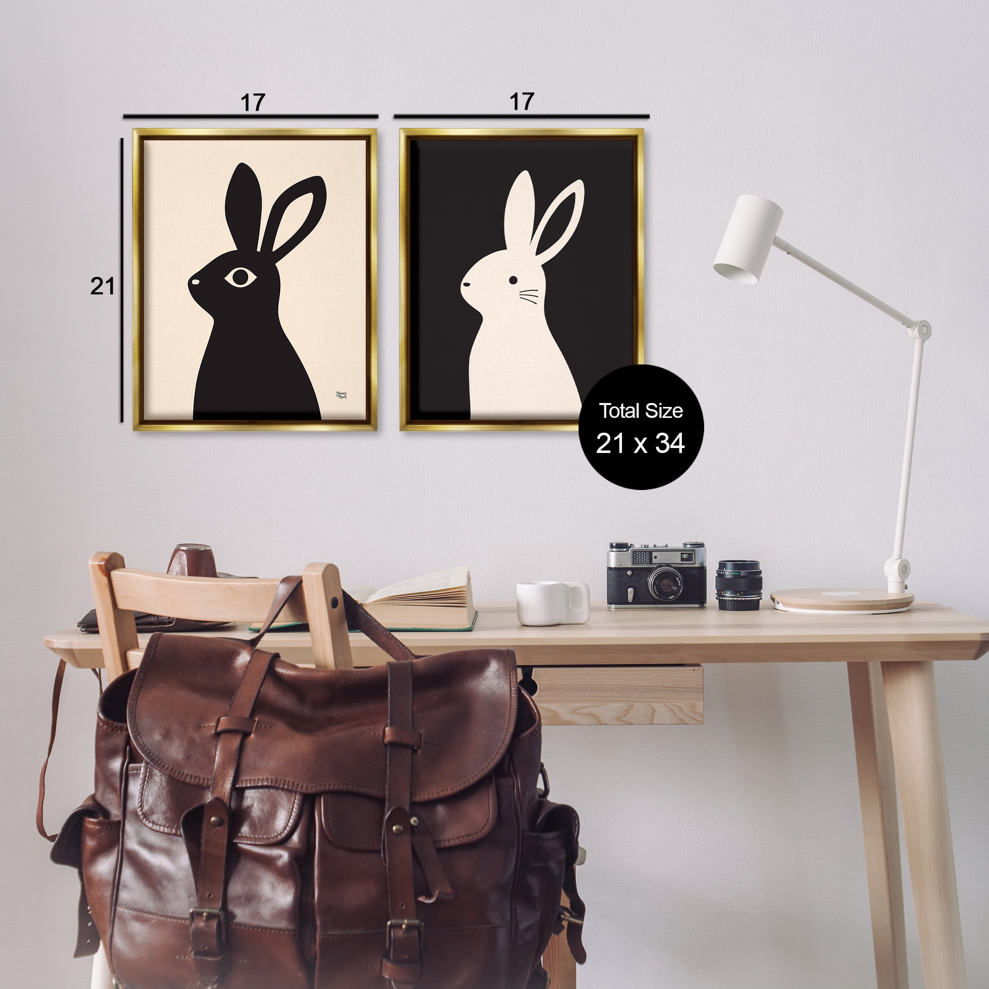 Stupell Industries Cream & Black Rabbits Animals Painting Gold Floater Framed Canvas Art Print Wall Art, 17 x 21, Set of 2