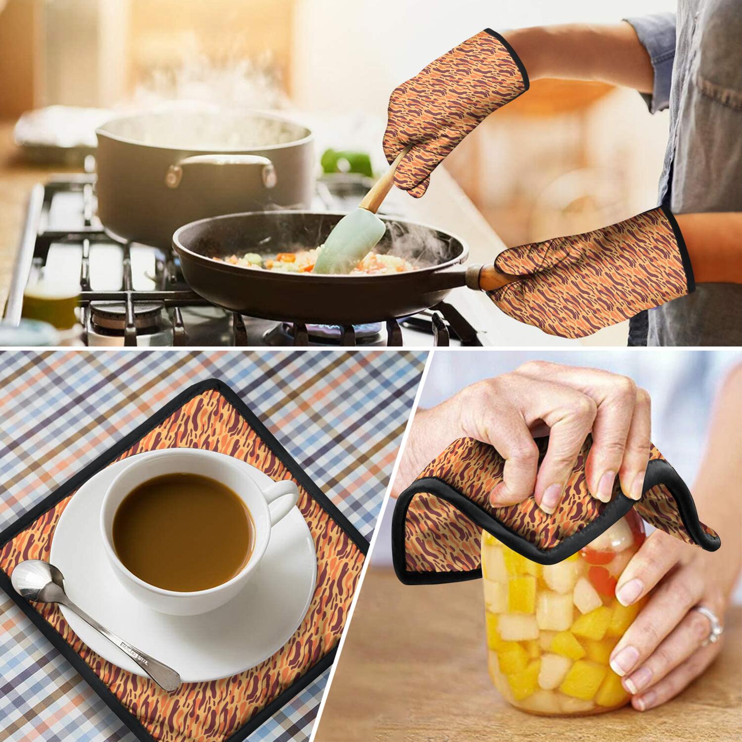 Leopard Print Oven Mitts and Pot Holders Set Of 4, Heat Resistant Kitchen Gloves with Non-Slip Grip, Hanging Loop, Soft Cotton Lining for Baking, Cooking, Grilling, Barbecue