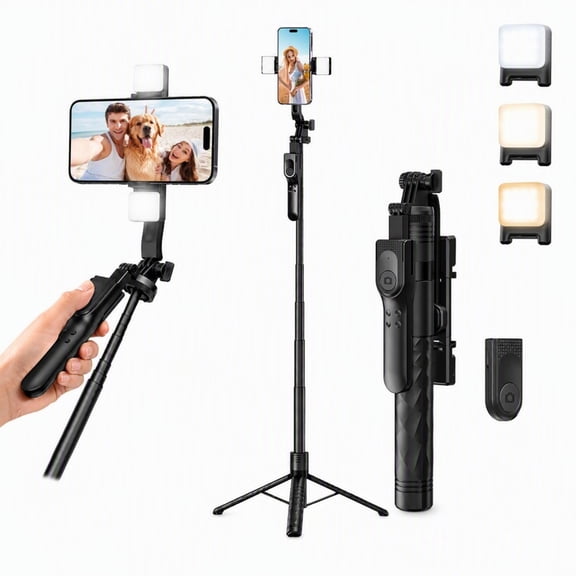 67" Selfie Stick Tripod, Portable Phone Stand for Recording, Dual Fill Light Cell Phone Tripod Mount with Bluetooth Remote, 360° Rotatable Gimbal Tripod for Live Streaming Vlog Video Photography